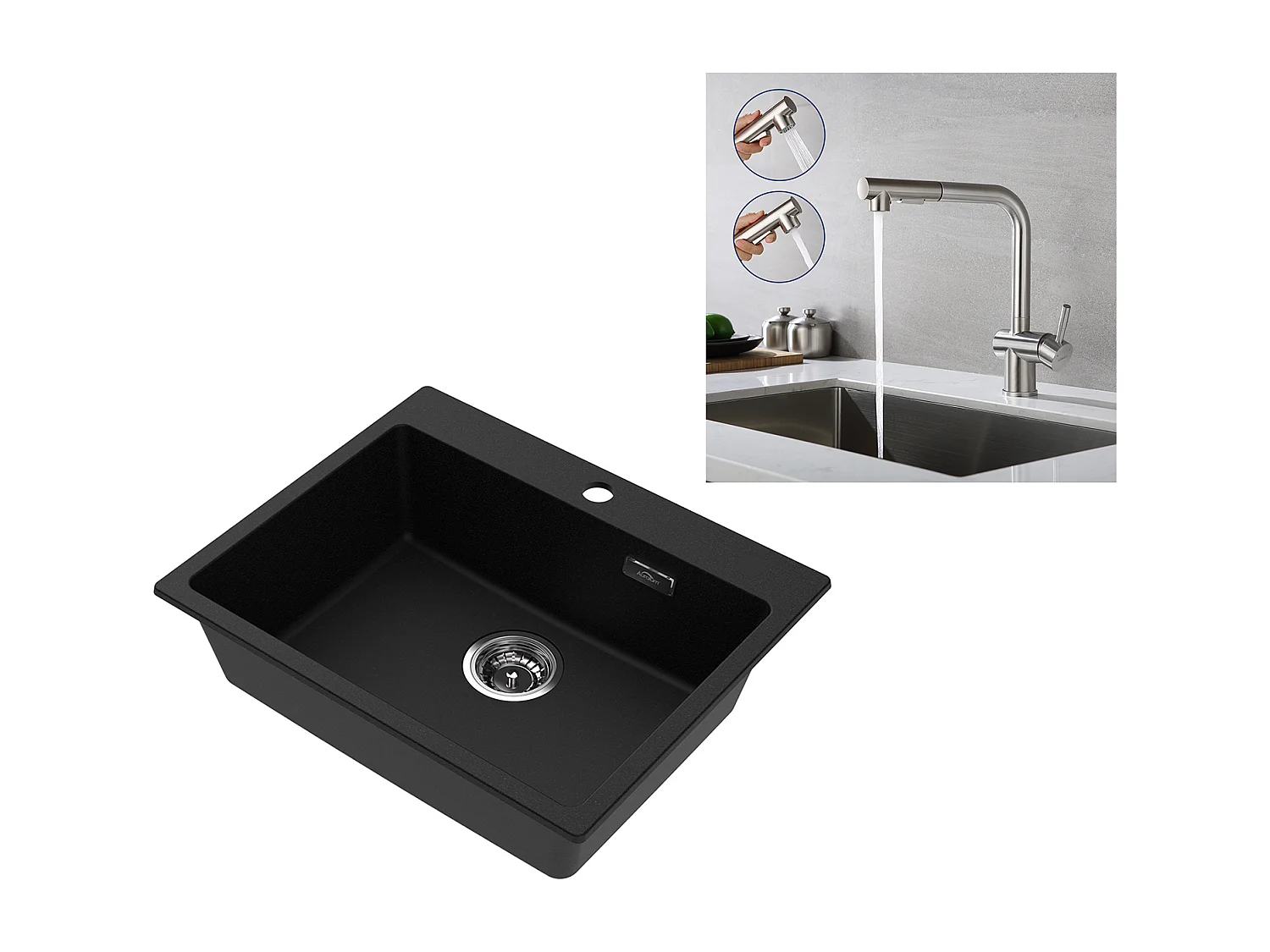 1 Bac Évier Cuisine en Granit,55*45*20cm,Kit de Vidage，Noir+Robinet Cuisine Douchette Extractible à 2 Jets Pivotant à 360° en Acier Inox 