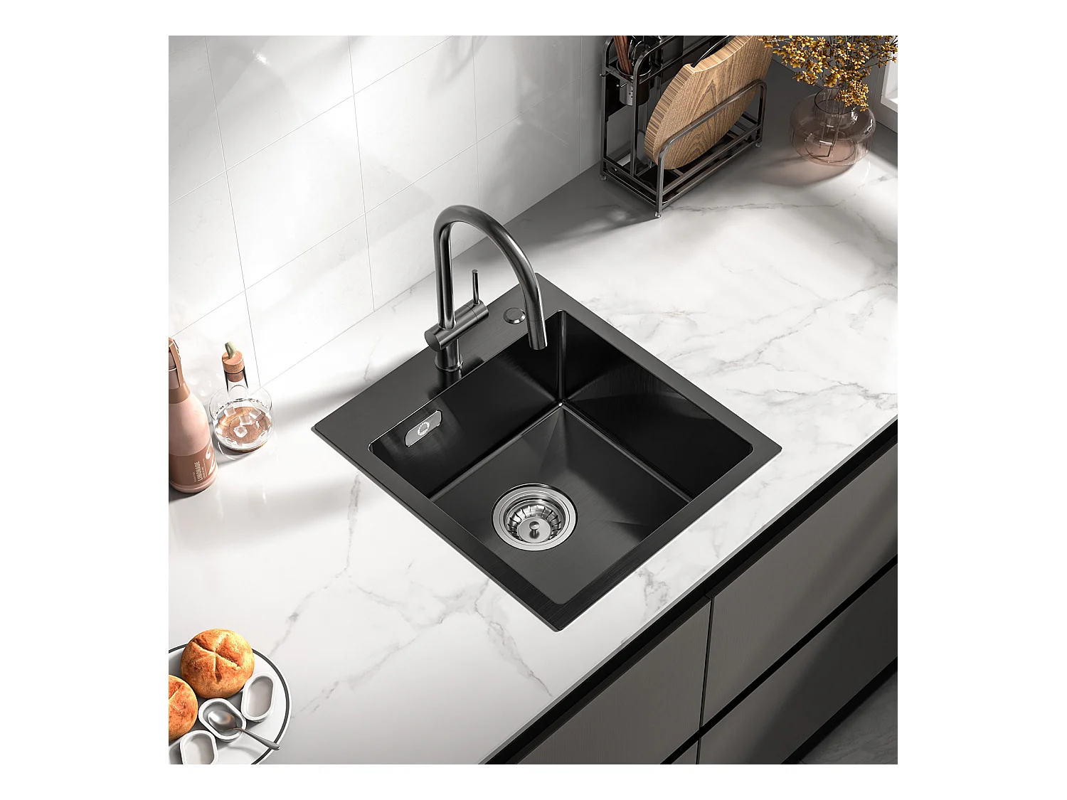 Cecipa max Évier Cuisine 1 Bac 40 × 45 cm Évier Inox 304 Montage à Encastrer ou à Fleur de Plan Au Moins 40 cm du Bas de l'Armoire - Noir,EU Modèle