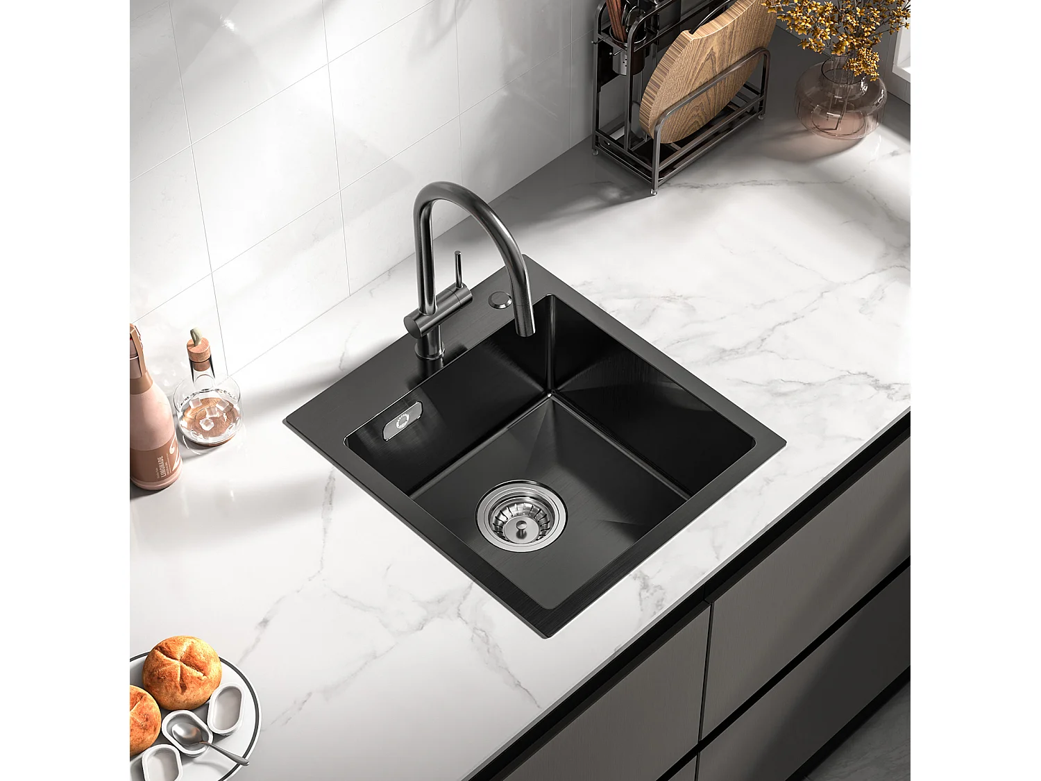 Cecipa max Fregadero de Cocina 1 Seno 40 × 45 cm Fregadero de Acero Inoxidable 304 Empotrado o Empotrado a Al menos 40 cm del Fondo del Gabinete - Negro, Modelo UE