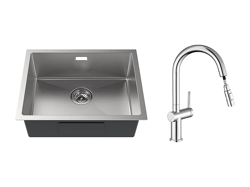 2-in-1-Küchenspüle mit Einzelbecken, 55 x 44 x 19 cm, Einbau-/Blumen-/Unterbauspüle, gebürstet + ausziehbarer Küchenhahn mit zwei Funktionen, Chrom