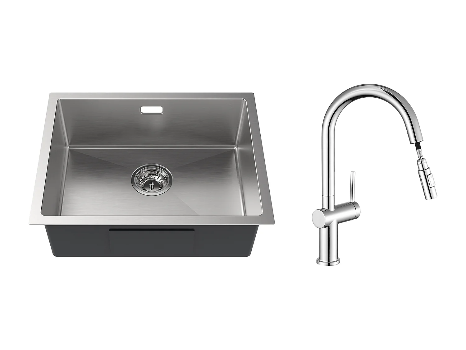 2-in-1-Küchenspüle mit Einzelbecken, 55 x 44 x 19 cm, Einbau-/Blumen-/Unterbauspüle, gebürstet + ausziehbarer Küchenhahn mit zwei Funktionen, Chrom