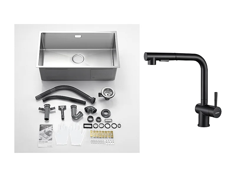 Évier Cuisine 1 Bac 74*44*20CM 304 Inox Évier Brossé avec Siphon et Trop-Plein+Robinet de Cuisine Noir Douchette Extractible à 2 Jets