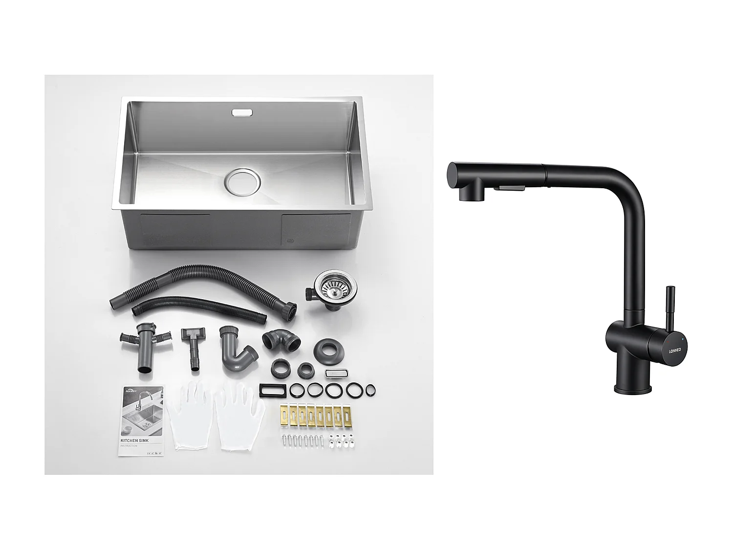 Évier Cuisine 1 Bac 74*44*20CM 304 Inox Évier Brossé avec Siphon et Trop-Plein+Robinet de Cuisine Noir Douchette Extractible à 2 Jets