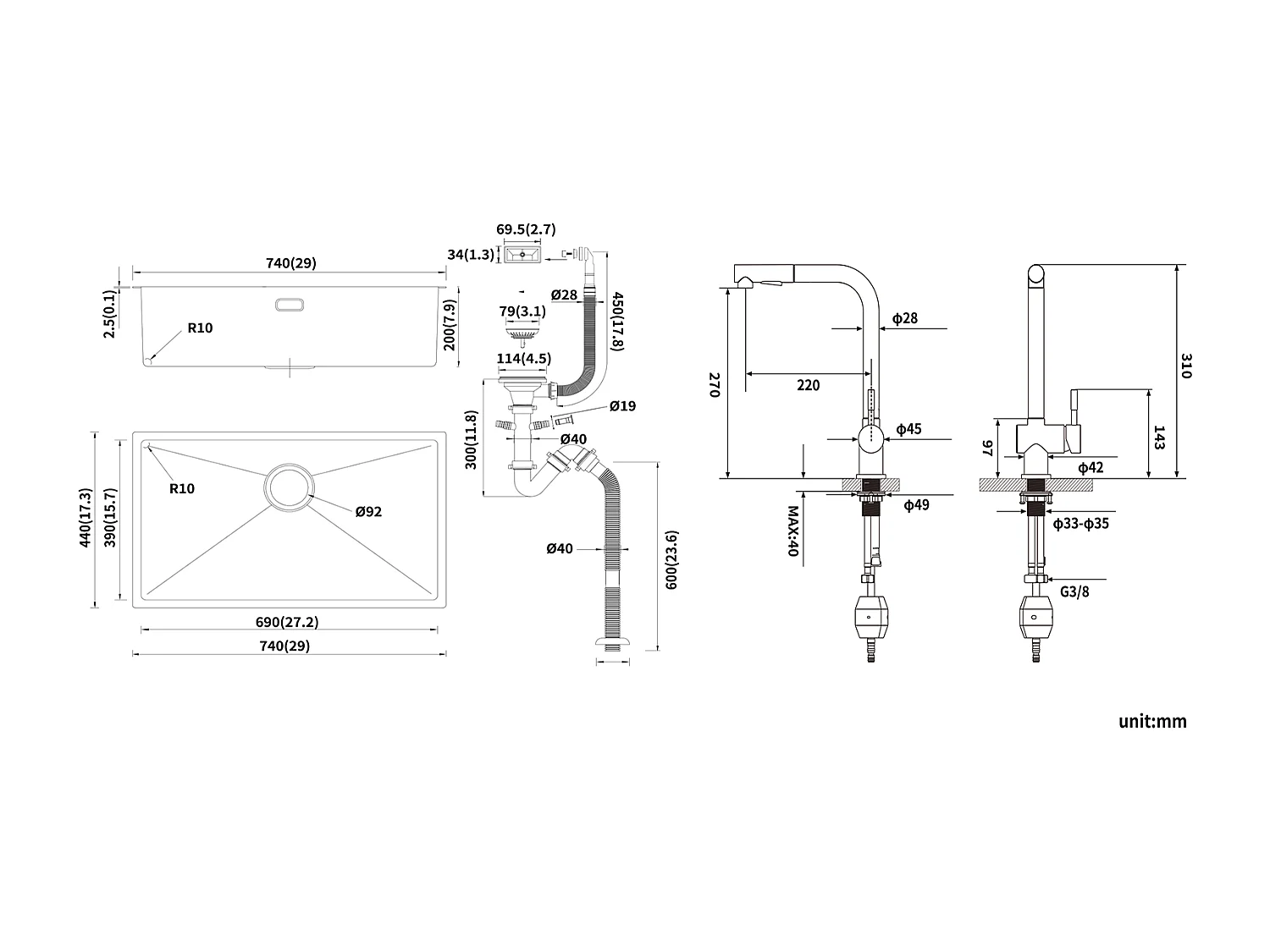 Évier Cuisine 1 Bac 74*44*20CM 304 Inox Évier Brossé avec Siphon et Trop-Plein+Robinet de Cuisine Noir Douchette Extractible à 2 Jets