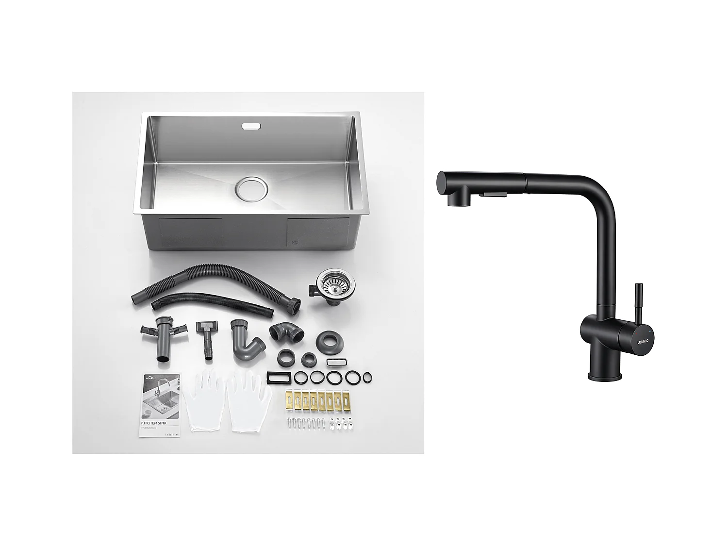 Évier Cuisine 1 Bac 74*44*20CM 304 Inox Évier Brossé avec Siphon et Trop-Plein+Robinet de Cuisine Noir Douchette Extractible à 2 Jets