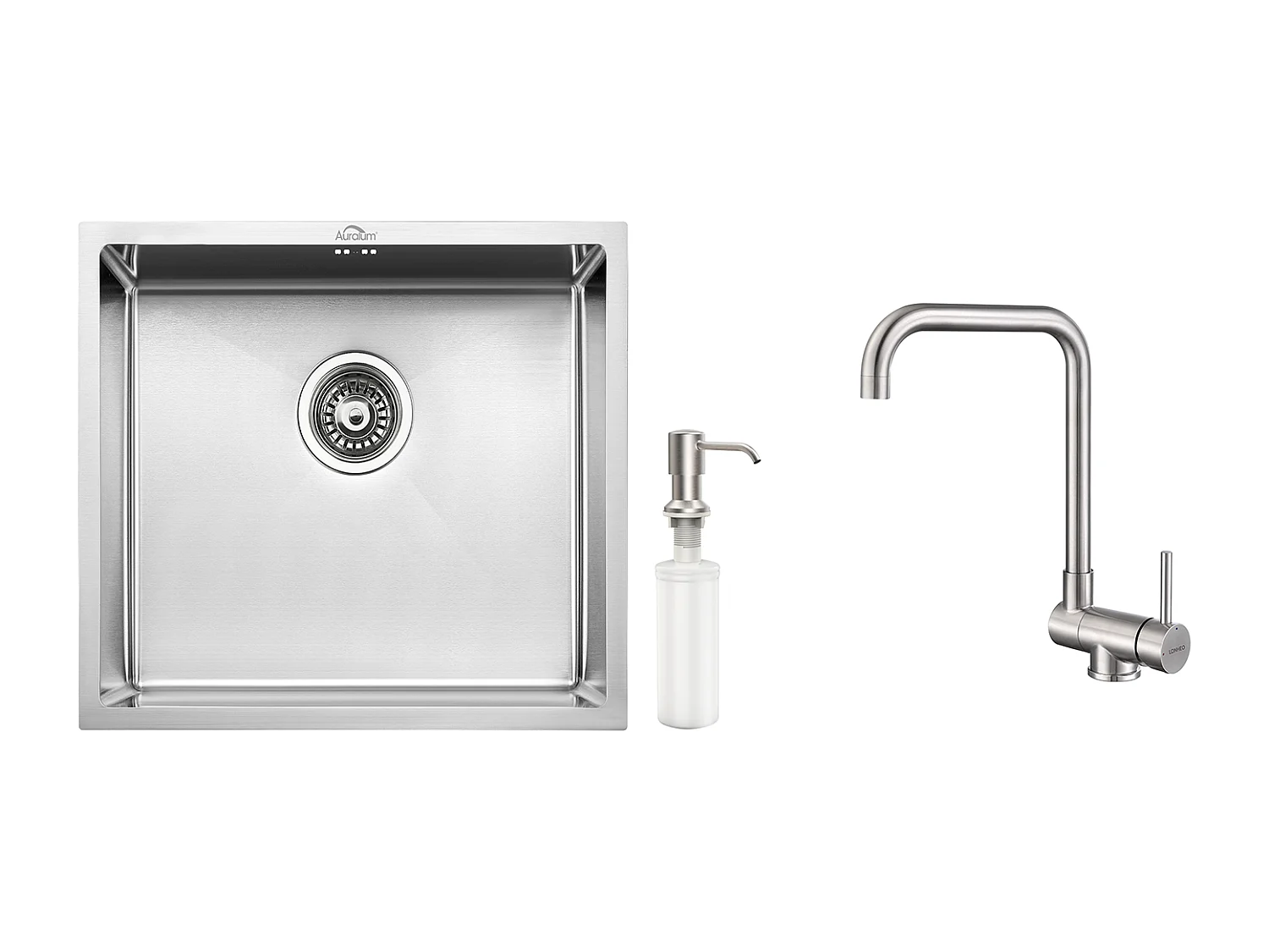 Edelstahl Küchenspüle 1 Becken 50*43*18CM mit Seifenspender + 360° schwenkbarer Klapp-Küchenmischer Kalt-Warmwasser