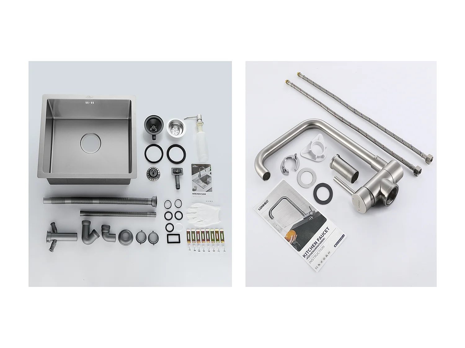 Edelstahl Küchenspüle 1 Becken 50*43*18CM mit Seifenspender + 360° schwenkbarer Klapp-Küchenmischer Kalt-Warmwasser