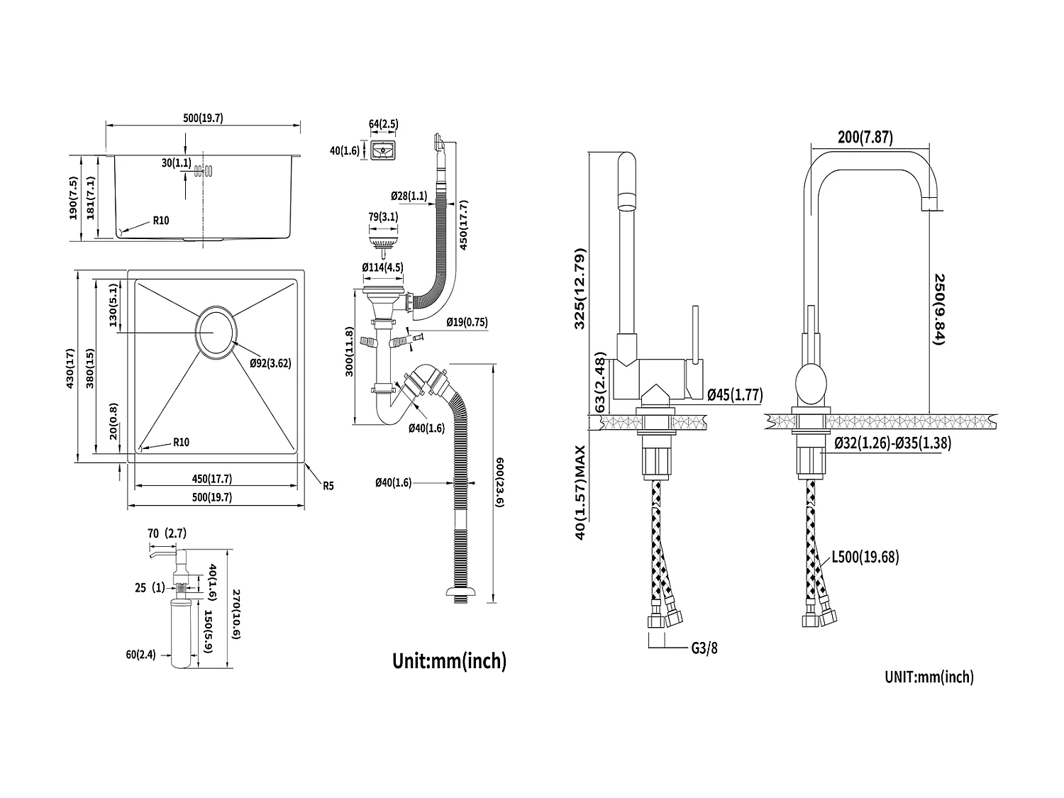 Lavello da Cucina Inox 1 Vassoio 50*43*18CM con Distributore di Sapone+Miscelatore Cucina Pieghevole Girevole 360° Acqua fredda Calda