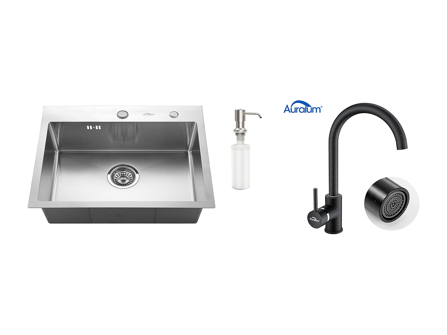 Aanrecht 1 Bak 55*45CM Inbouw- en Opbouwspoelbak met DistribuZeephouder + 360° Draaibare Keukenkraan, Zwart met witte stip