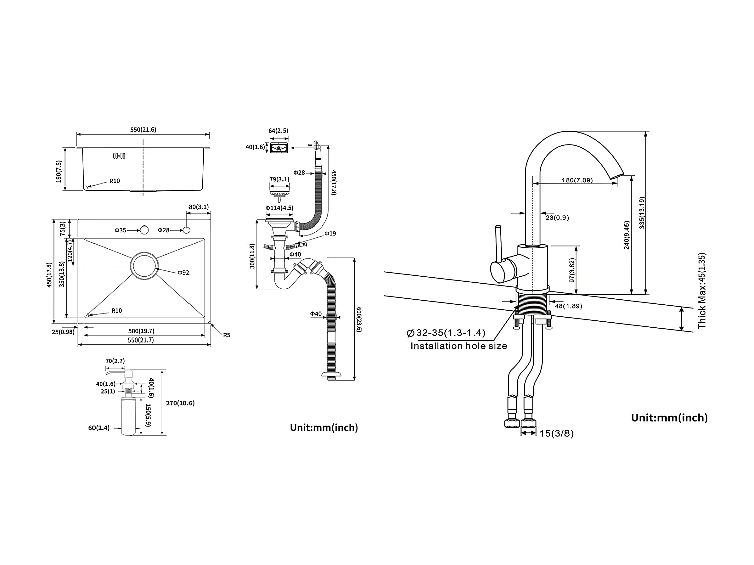 Aanrecht 1 Bak 55*45CM Inbouw- en Opbouwspoelbak met DistribuZeephouder + 360° Draaibare Keukenkraan, Zwart met witte stip