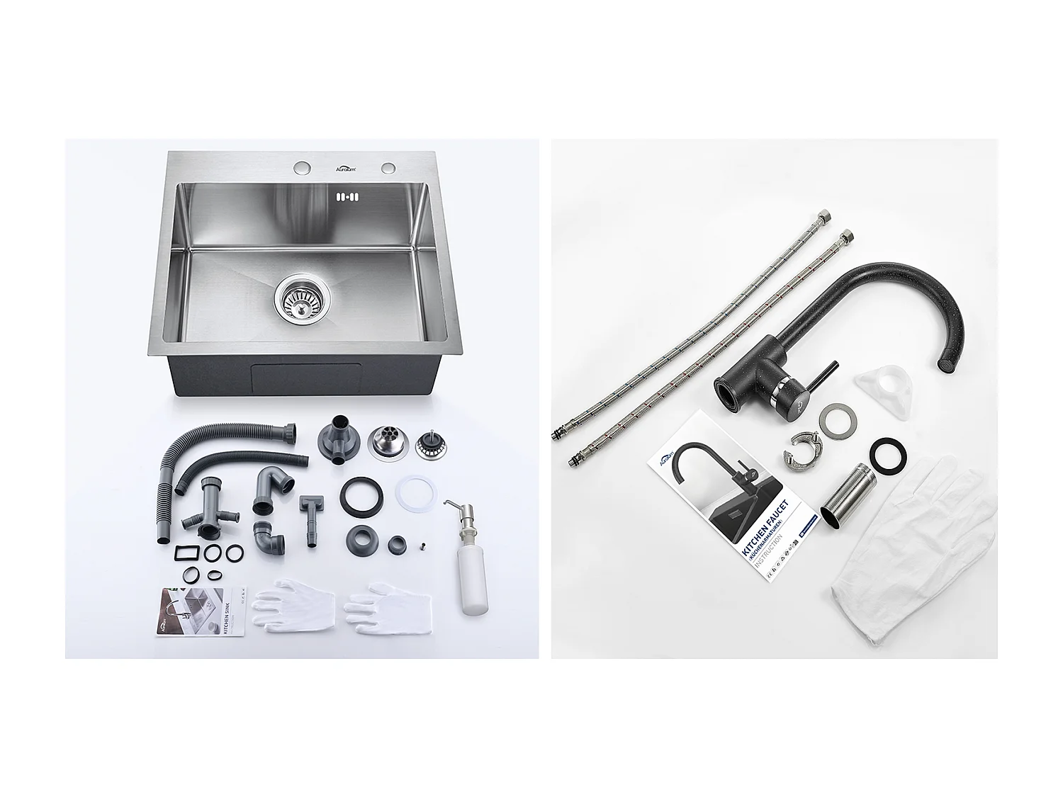 Aanrecht 1 Bak 55*45CM Inbouw- en Opbouwspoelbak met DistribuZeephouder + 360° Draaibare Keukenkraan, Zwart met witte stip