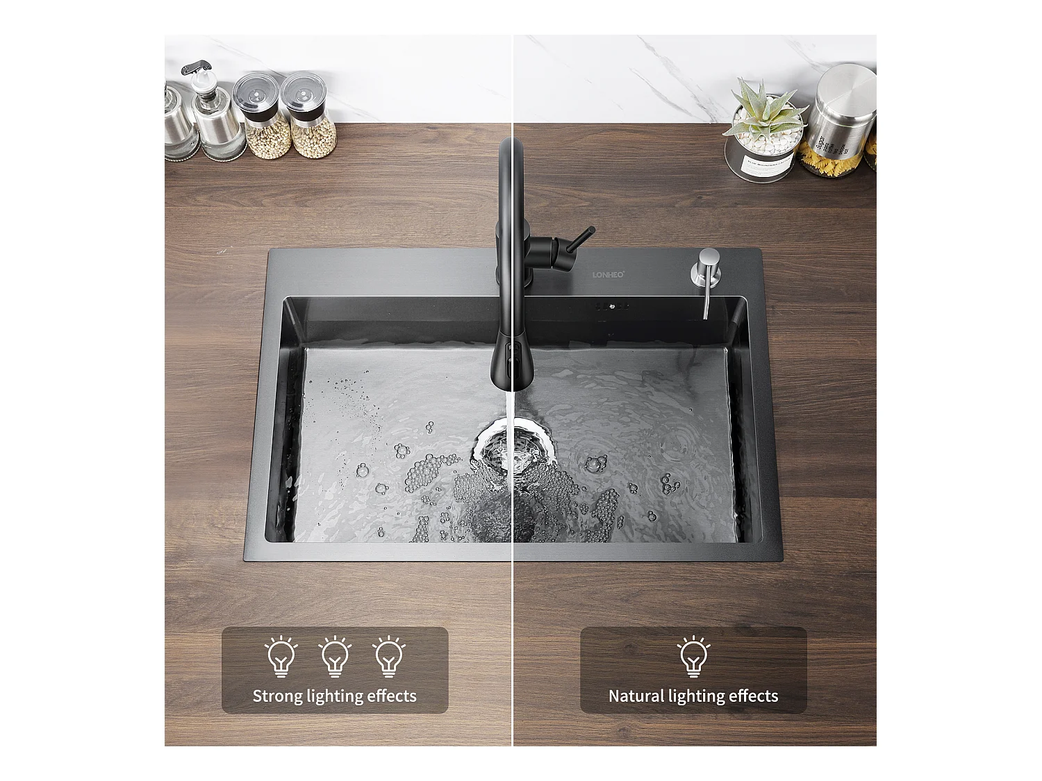 2 en 1 Évier de Cuisine Noir 68x45x19CM avec Distrubuteur de savon et Égouttoir panier+Robinet Cuisine Douchette Extractible Deux Jets Pivotant