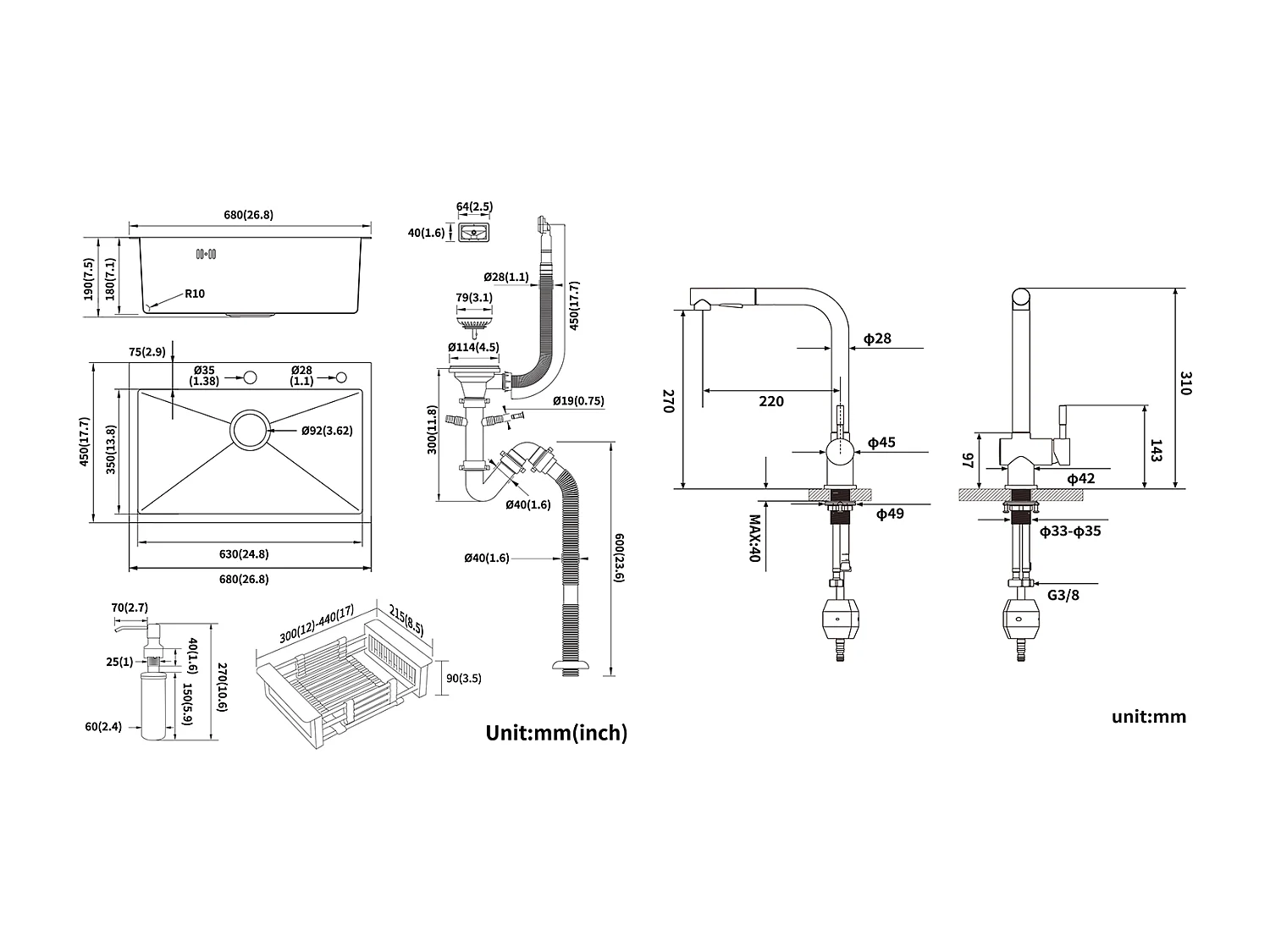 2 in 1 Lavello da Cucina Nero 68x45x19CM con Distrubutore di sapone e Scolapiatti cestino+Rubinetto Cucina Doccia Estraibile Due Getti Girevoli