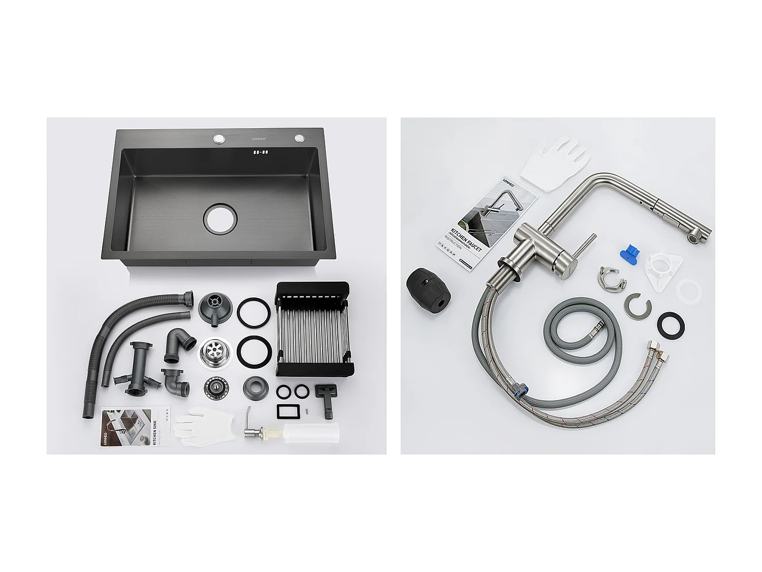 2 in 1 Lavello da Cucina Nero 68x45x19CM con Distrubutore di sapone e Scolapiatti cestino+Rubinetto Cucina Doccia Estraibile Due Getti Girevoli