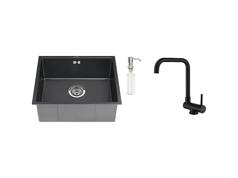 Évier Noir 1 Bac 50x43x18,5CM,Acier Inoxydable, avec Distrubuteur de savon++Mitigeur Cuisine Rabattable Pivotant 360° Eau froid Chaud,Noir