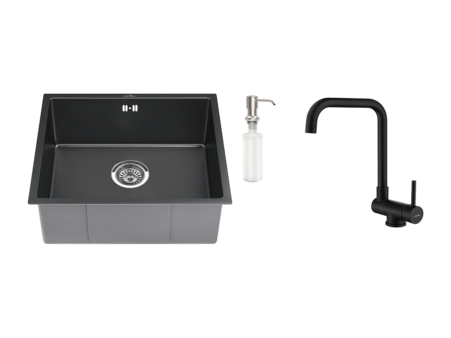 Schwarze Spüle 1 Becken 50x43x18,5CM, Edelstahl, mit Seifenspender++360° schwenkbar, klappbarer Küchenmixer, Kalt-/Warmwasser, Schwarz