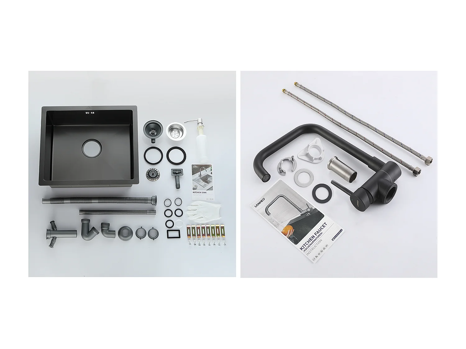 Schwarze Spüle 1 Becken 50x43x18,5CM, Edelstahl, mit Seifenspender++360° schwenkbar, klappbarer Küchenmixer, Kalt-/Warmwasser, Schwarz