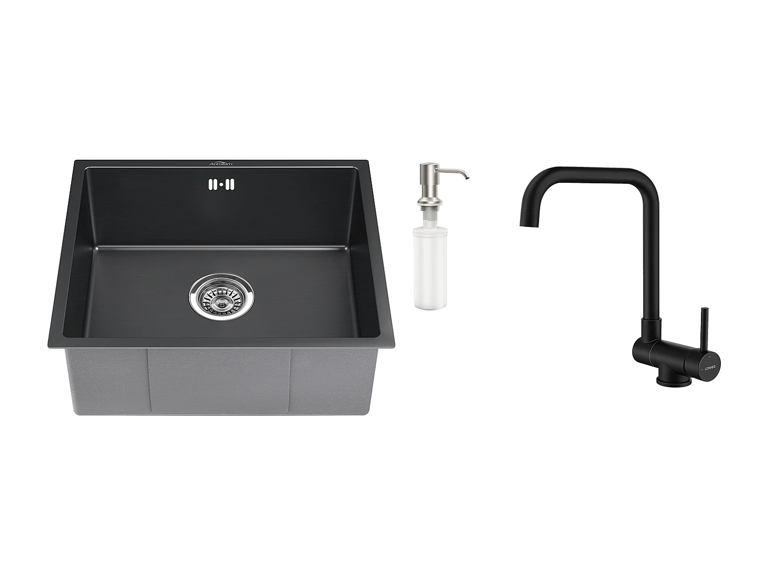Schwarze Spüle 1 Becken 50x43x18,5CM, Edelstahl, mit Seifenspender++360° schwenkbar, klappbarer Küchenmixer, Kalt-/Warmwasser, Schwarz