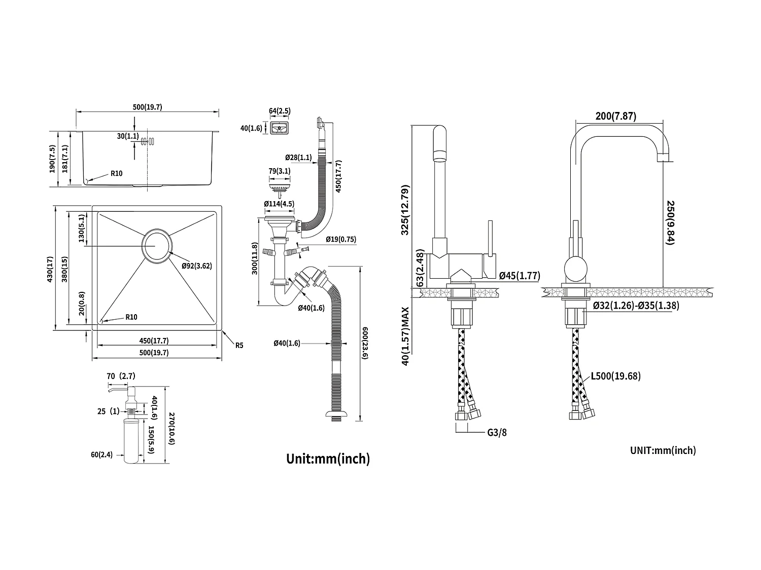 Schwarze Spüle 1 Becken 50x43x18,5CM, Edelstahl, mit Seifenspender++360° schwenkbar, klappbarer Küchenmixer, Kalt-/Warmwasser, Schwarz