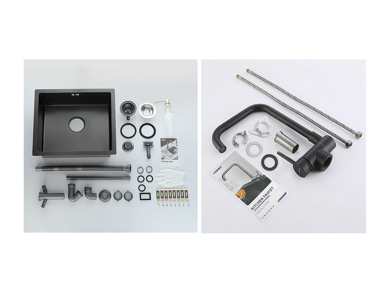 Schwarze Spüle 1 Becken 50x43x18,5CM, Edelstahl, mit Seifenspender++360° schwenkbar, klappbarer Küchenmixer, Kalt-/Warmwasser, Schwarz