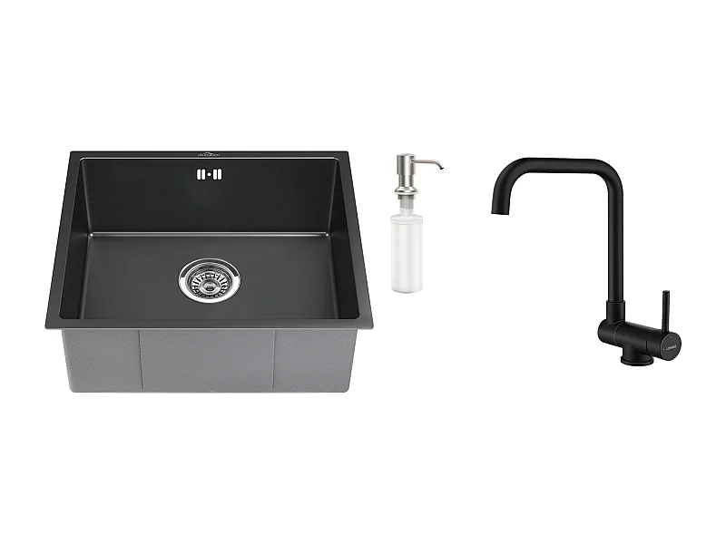 Schwarze Spüle 1 Becken 50x43x18,5CM, Edelstahl, mit Seifenspender++360° schwenkbar, klappbarer Küchenmixer, Kalt-/Warmwasser, Schwarz