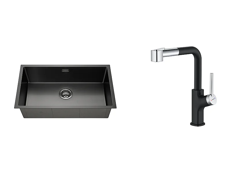 Lavello Cucina 1 Vassoio 74*44*20CM, in Inox Spazzolato con Sifone e Troppo pieno + Rubinetto da Cucina Inox Estraibile Rotativo a 360 °