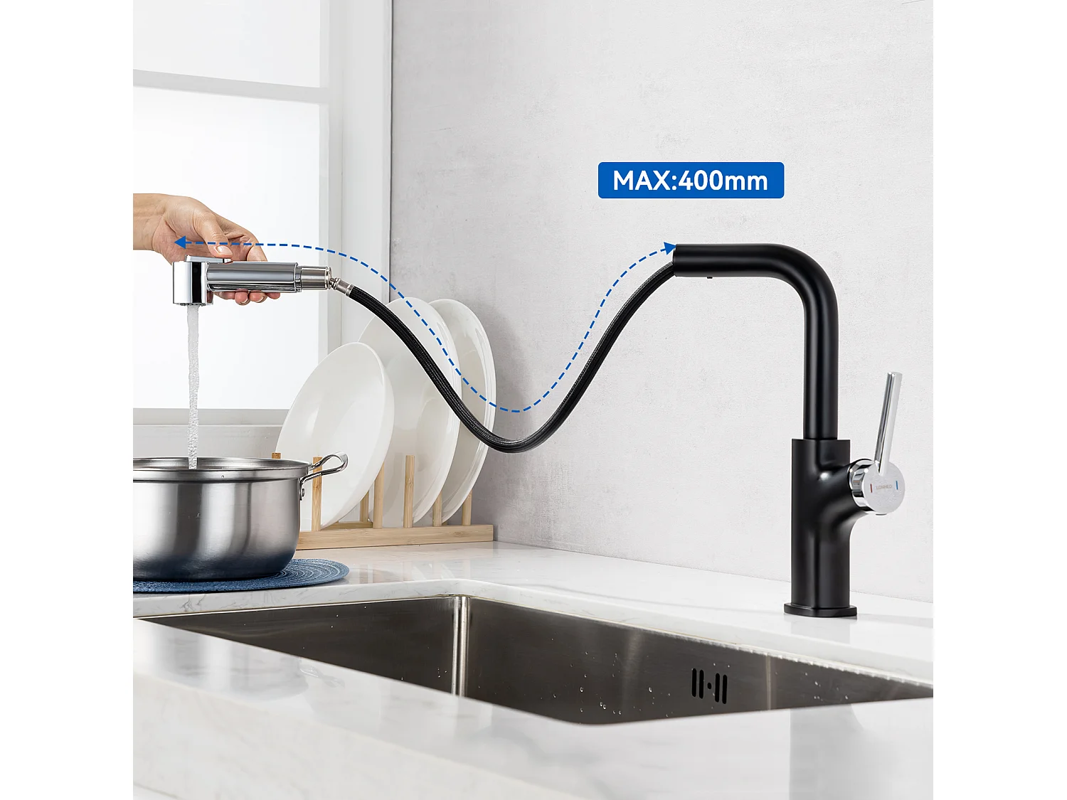 Évier Cuisine 1 Bac 74*44*20CM,en Inox Brossé avec Siphon et Trop-Plein + Robinet de Cuisine Inox Extractible Rotatif à 360 °