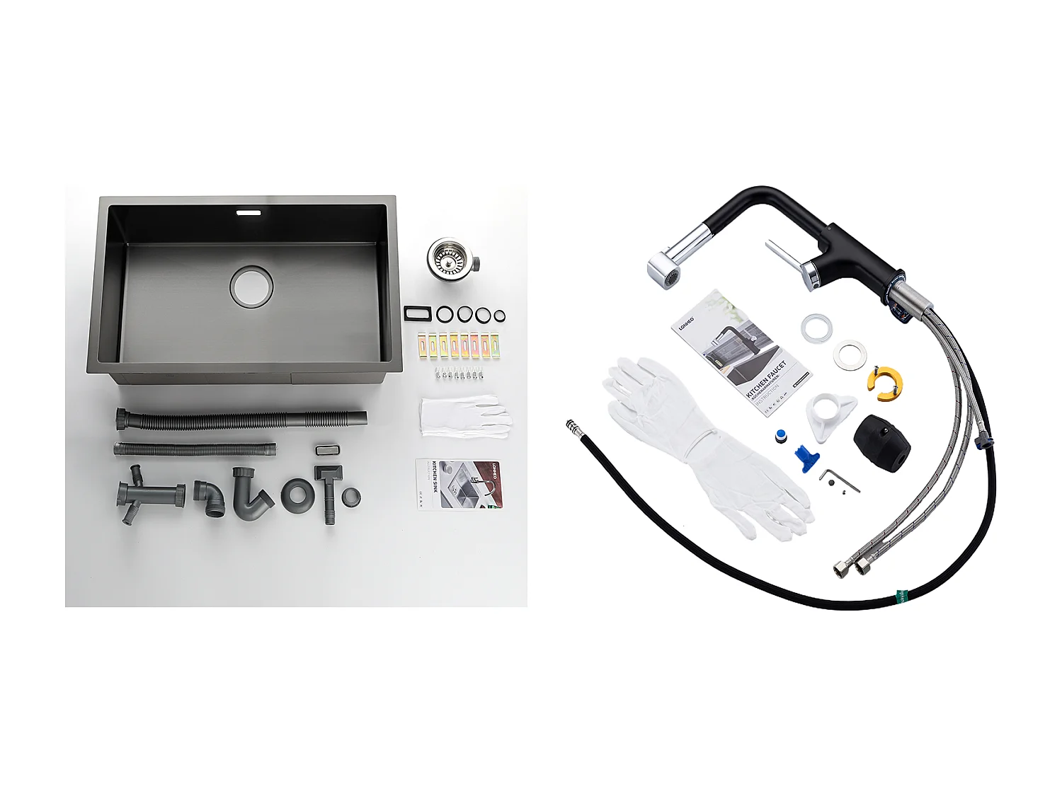 Évier Cuisine 1 Bac 74*44*20CM,en Inox Brossé avec Siphon et Trop-Plein + Robinet de Cuisine Inox Extractible Rotatif à 360 °