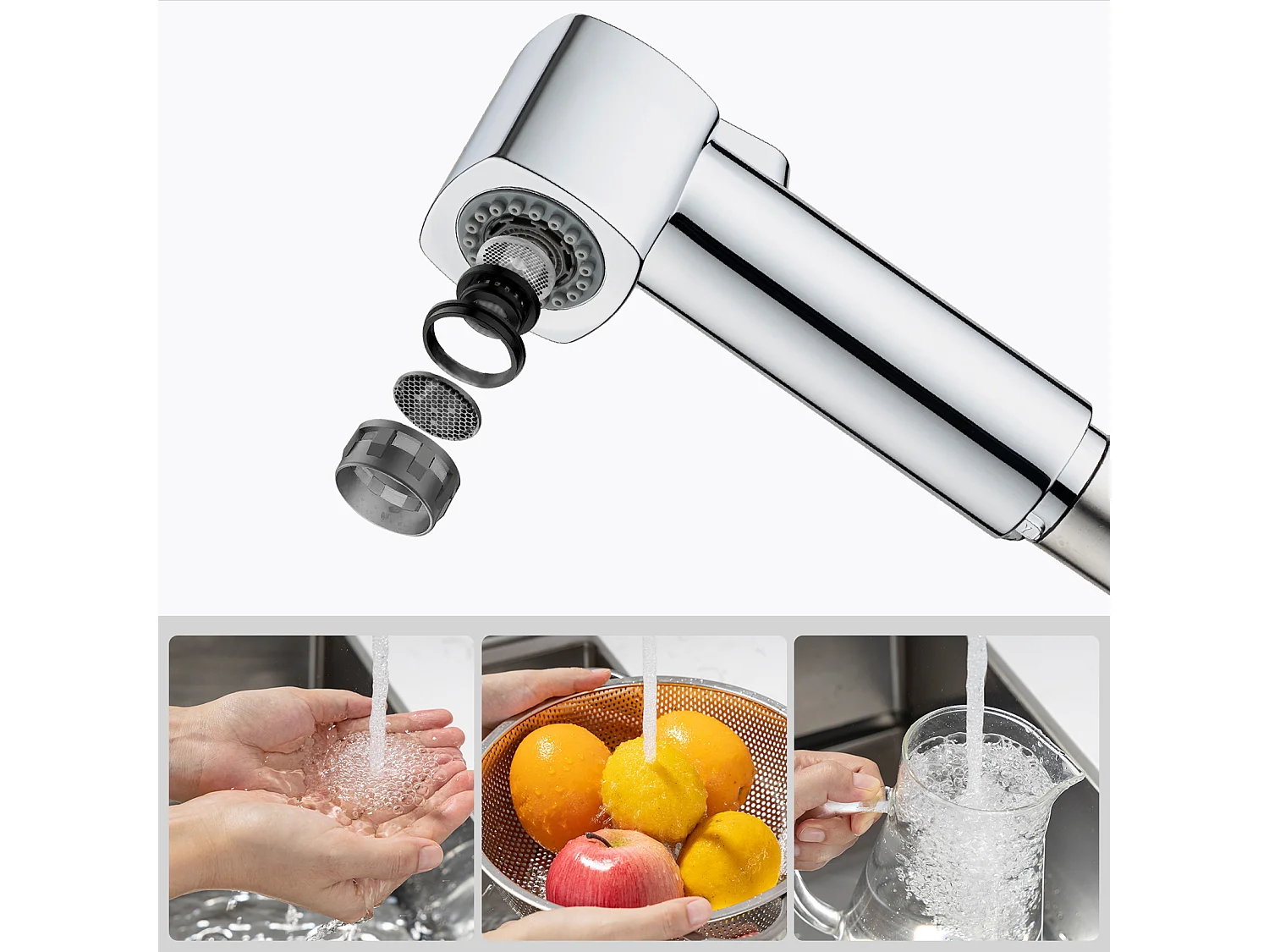 Évier Cuisine 1 Bac 74*44*20CM,en Inox Brossé avec Siphon et Trop-Plein + Robinet de Cuisine Inox Extractible Rotatif à 360 °