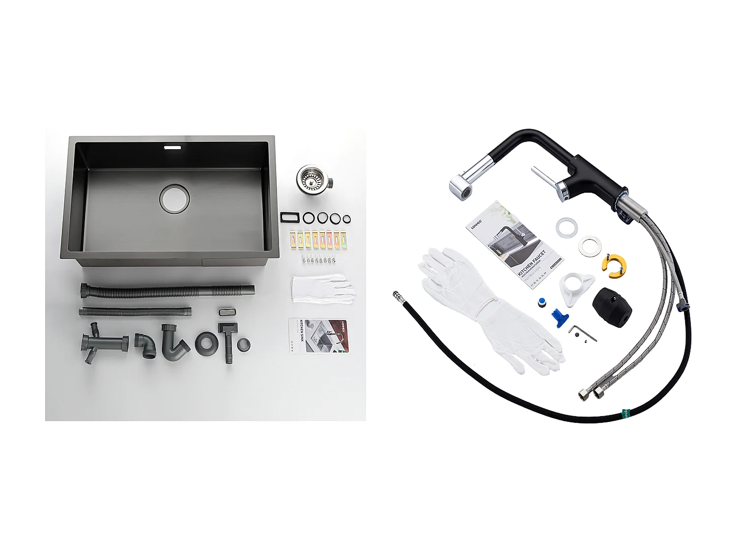 Évier Cuisine 1 Bac 74*44*20CM,en Inox Brossé avec Siphon et Trop-Plein + Robinet de Cuisine Inox Extractible Rotatif à 360 °