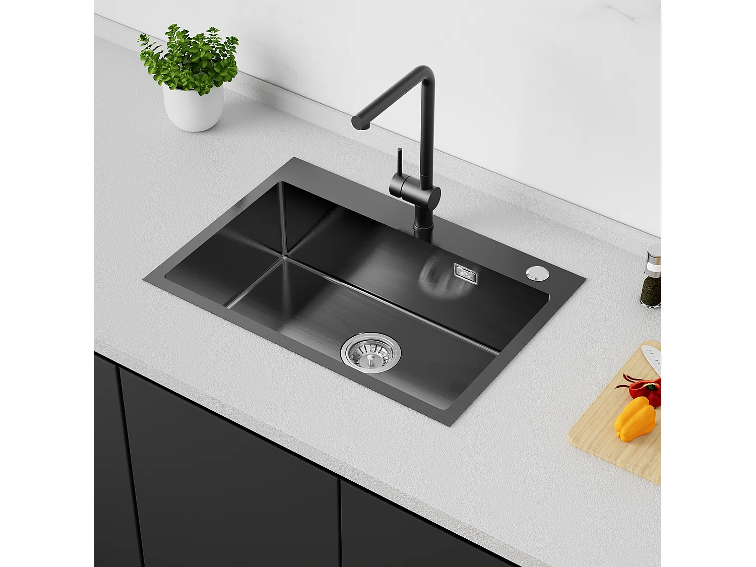 Évier Cuisine 1 Bac Acier Inoxydable Noir 65x45CM,encastré/à Poser+Robinet Cuisine,Orientable 360°,Eau Chaude/Froide,Noir