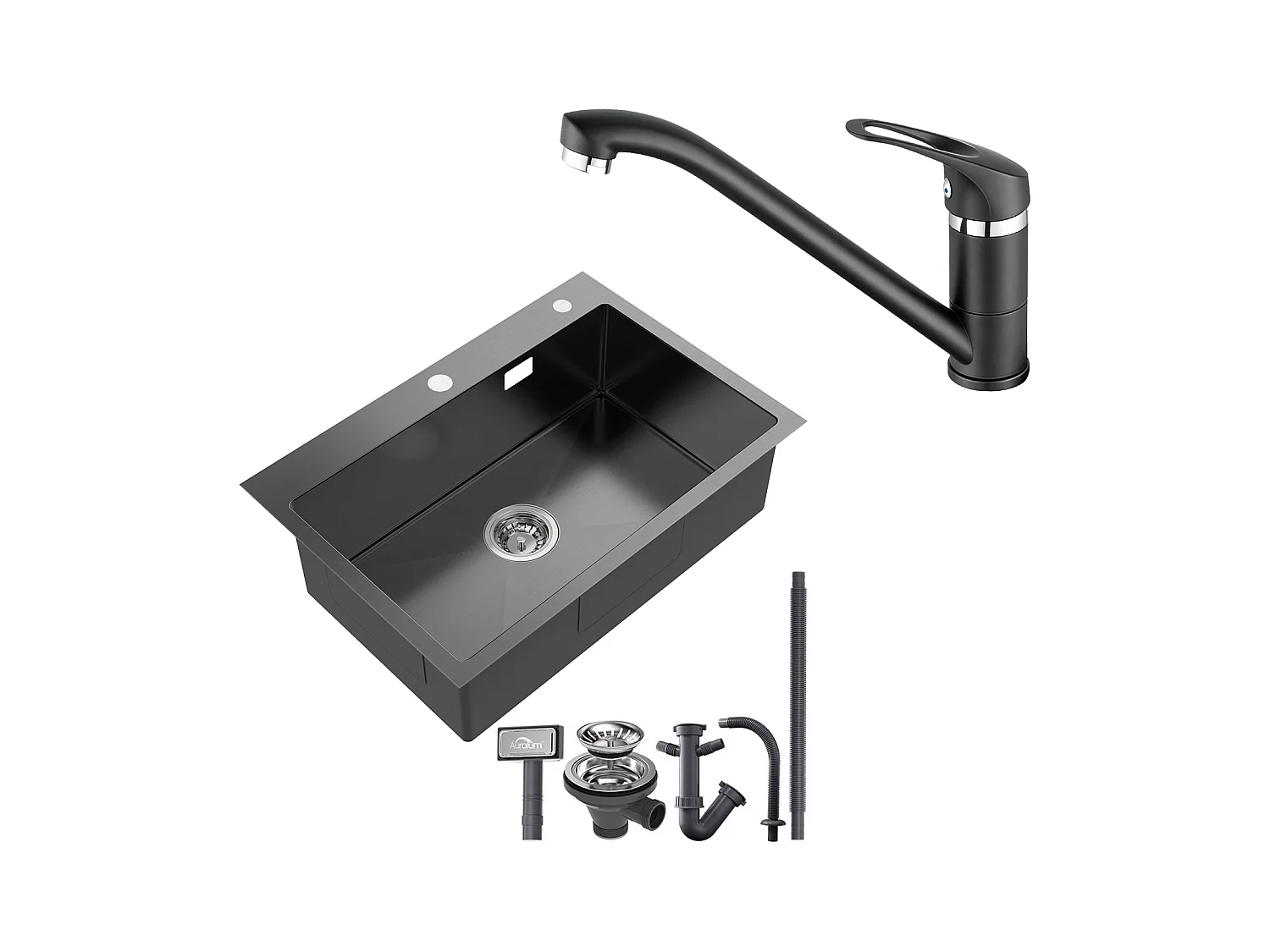 Évier Cuisine 1 Bac Acier Inoxydable Noir 65x45CM,encastré/à Poser+Robinet Cuisine,Orientable 360°,Eau Chaude/Froide,Noir