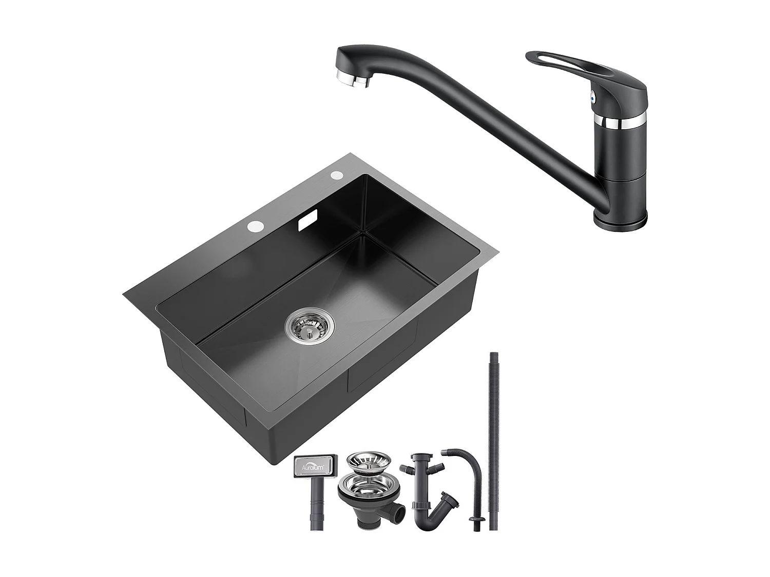 Évier Cuisine 1 Bac Acier Inoxydable Noir 65x45CM,encastré/à Poser+Robinet Cuisine,Orientable 360°,Eau Chaude/Froide,Noir