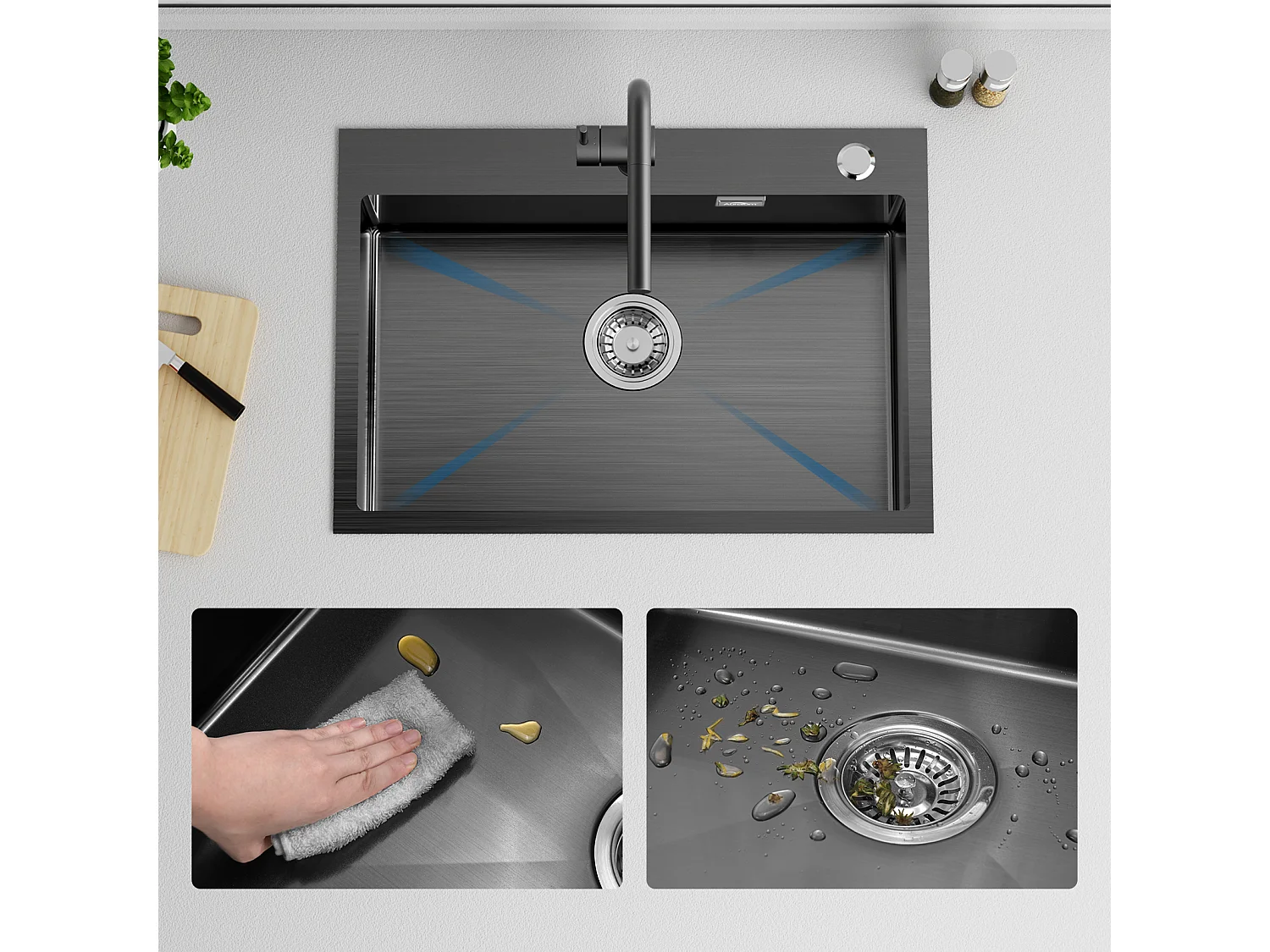 Évier Cuisine 1 Bac Acier Inoxydable Noir 65x45CM,encastré/à Poser+Robinet Cuisine,Orientable 360°,Eau Chaude/Froide,Noir