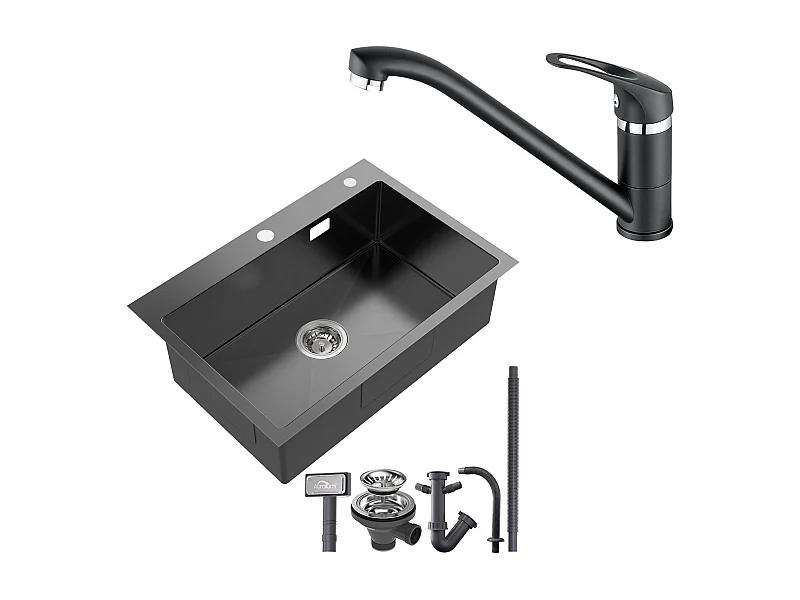 Fregadero Cocina 1 Bandeja Acero Inoxidable Negro 65x45CM, empotrado/para colocar+Grifo Cocina,Orientable 360°,Agua Caliente/Fría,Negro