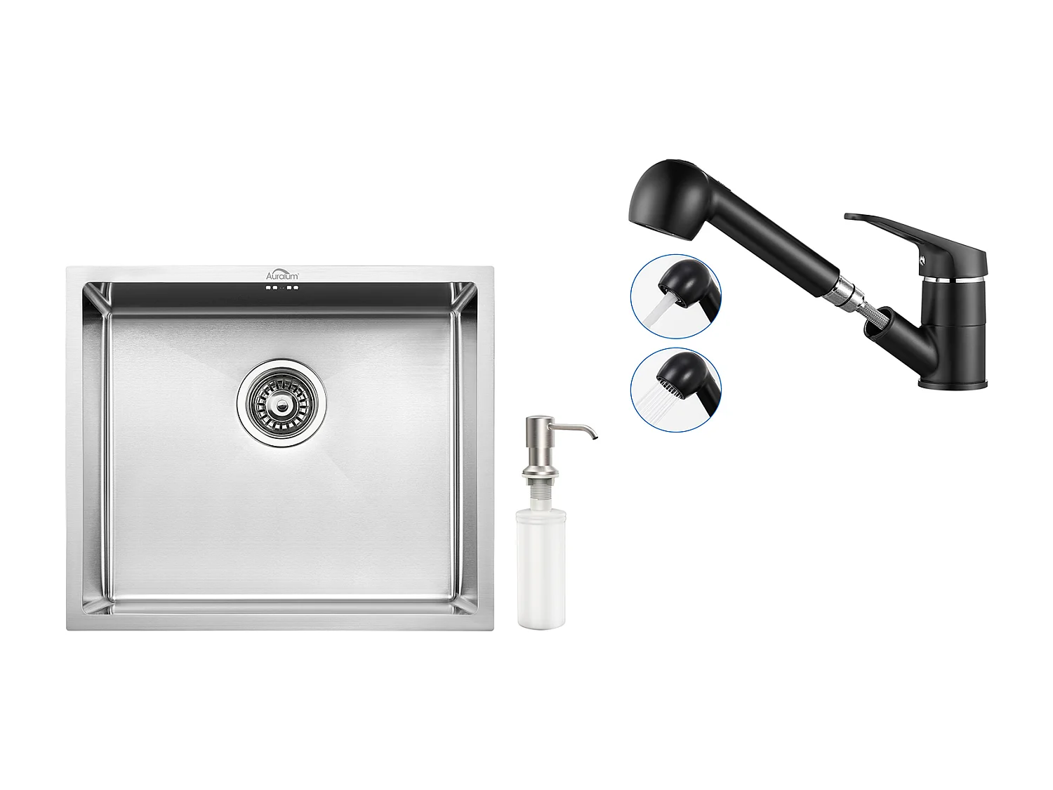 Évier Cuisine Inox 1Bac 50*43*18CM avec Distributeur Savon+Robinet Cuisine Noir avec Douchette Extractible 2Jets,Laiton, L'eau Froide/Chaude