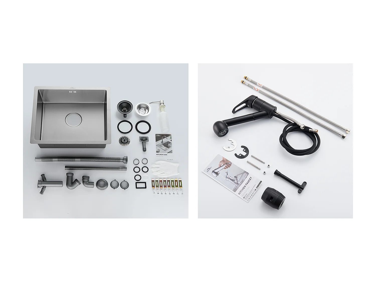 Évier Cuisine Inox 1Bac 50*43*18CM avec Distributeur Savon+Robinet Cuisine Noir avec Douchette Extractible 2Jets,Laiton, L'eau Froide/Chaude