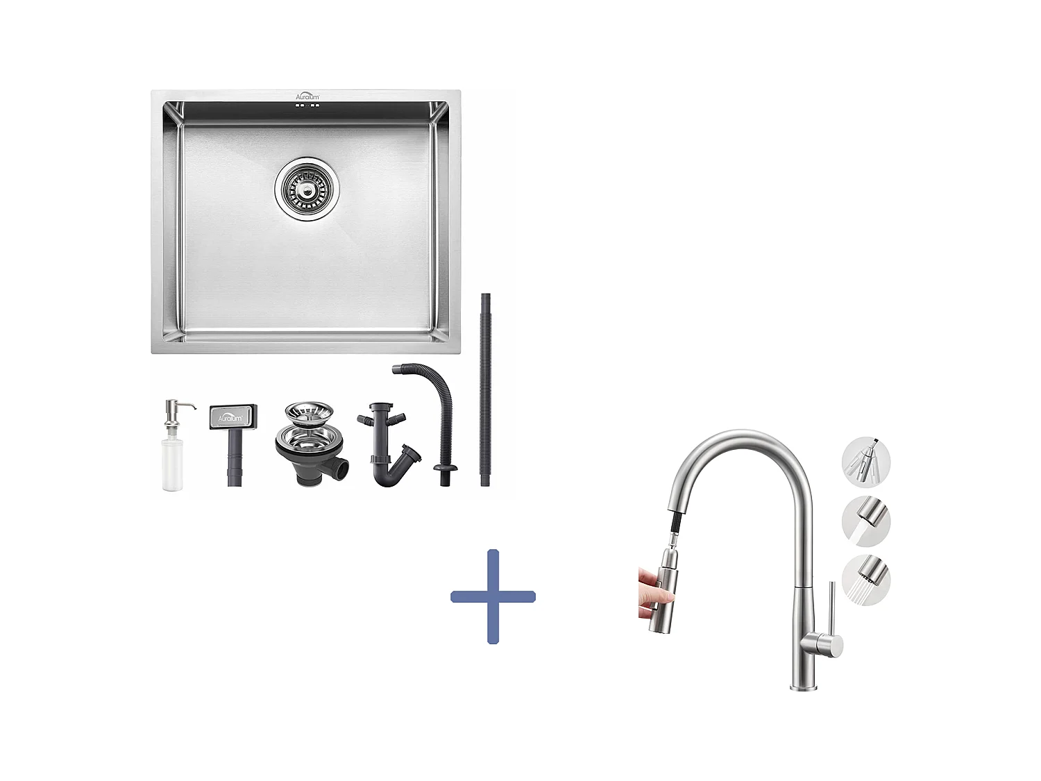 Évier de Cuisine Inox 1 Bac 50*43*18CM avec Distributeur de Savon+Mitigeur Cuisine,avec Douchette Extractible,2 Modes,Eau Froide/Chaude,Brossé