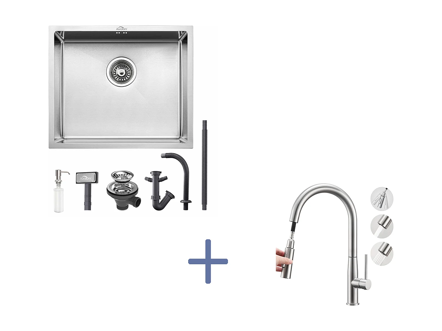 Évier de Cuisine Inox 1 Bac 50*43*18CM avec Distributeur de Savon+Mitigeur Cuisine,avec Douchette Extractible,2 Modes,Eau Froide/Chaude,Brossé