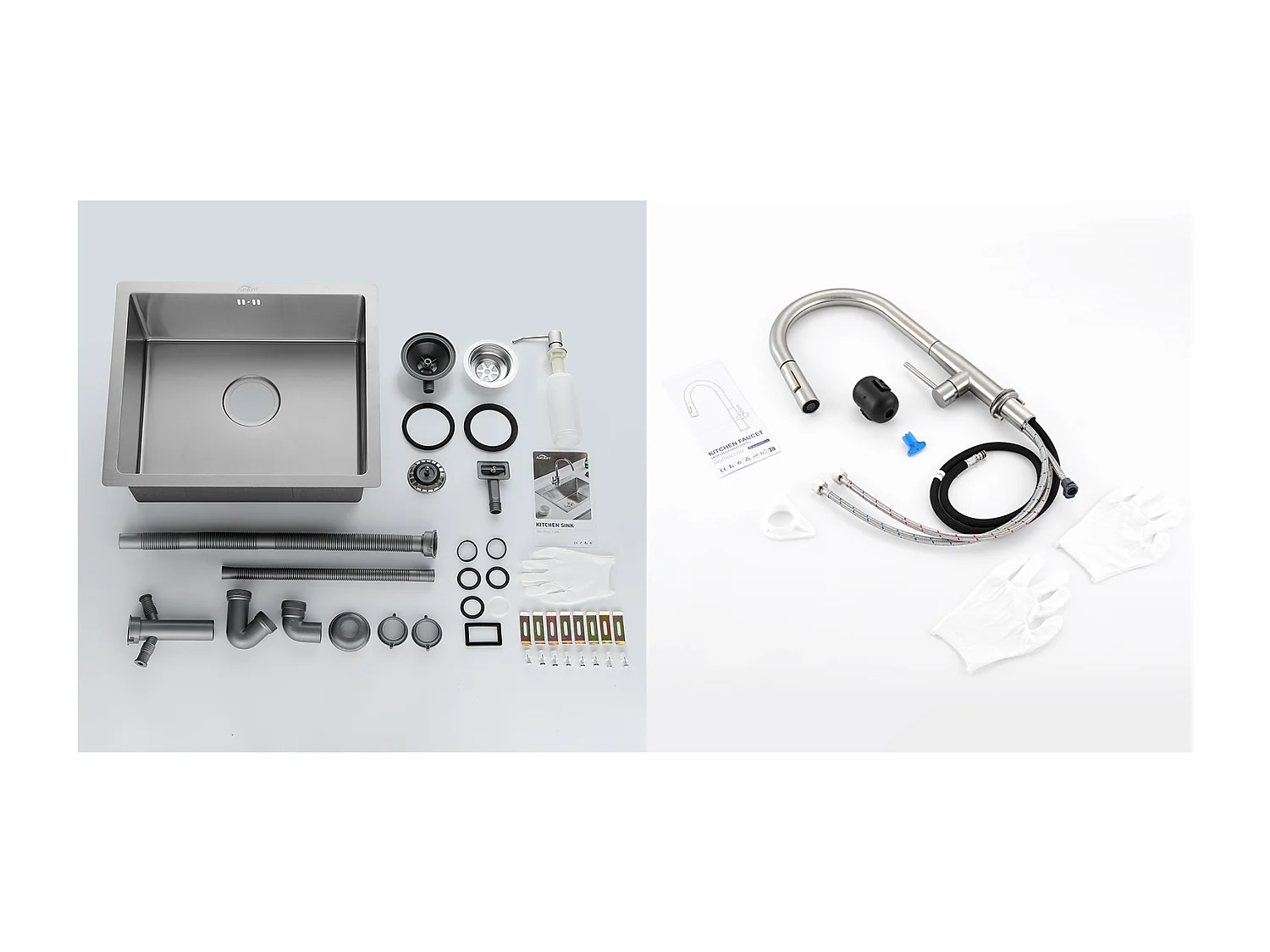 Évier de Cuisine Inox 1 Bac 50*43*18CM avec Distributeur de Savon+Mitigeur Cuisine,avec Douchette Extractible,2 Modes,Eau Froide/Chaude,Brossé