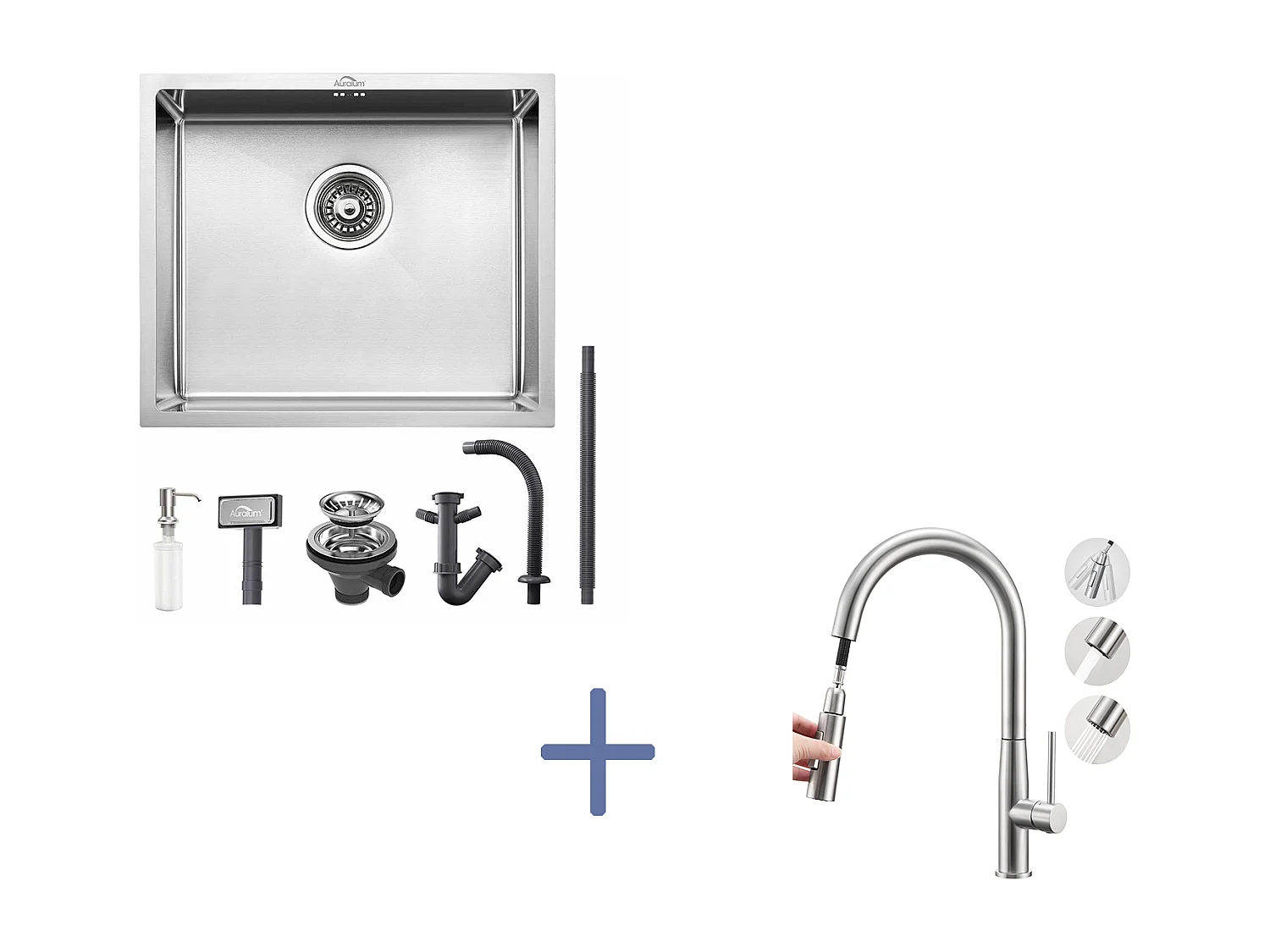 Évier de Cuisine Inox 1 Bac 50*43*18CM avec Distributeur de Savon+Mitigeur Cuisine,avec Douchette Extractible,2 Modes,Eau Froide/Chaude,Brossé