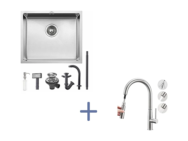 Évier de Cuisine Inox 1 Bac 50*43*18CM avec Distributeur de Savon+Mitigeur Cuisine,avec Douchette Extractible,2 Modes,Eau Froide/Chaude,Brossé