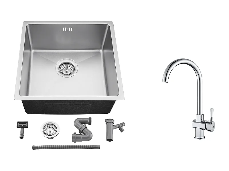 Fregadero Empotrado 44x44x20CM- Fregadero de Cocina 1 Bandeja de Acero Inoxidable 304, Plata+Grifo Cocina Cromado Giratorio a 360°