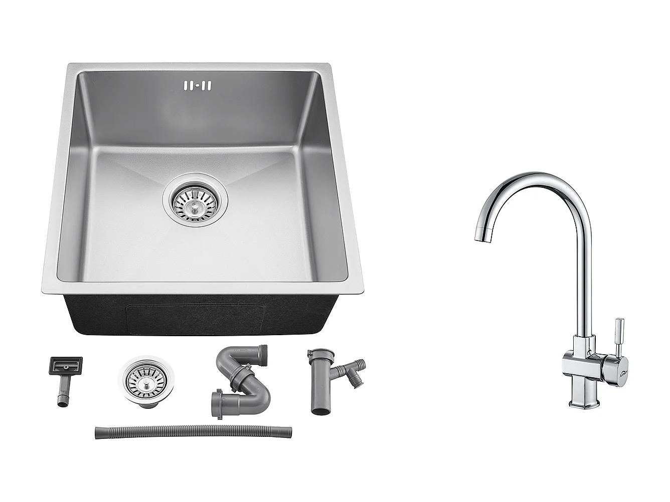 Inbouwspoelbak 44x44x20CM- 304 roestvrijstalen gootsteen 1 bak, zilver + 360° draaibare verchroomde keukenkraan Koud/Warm water