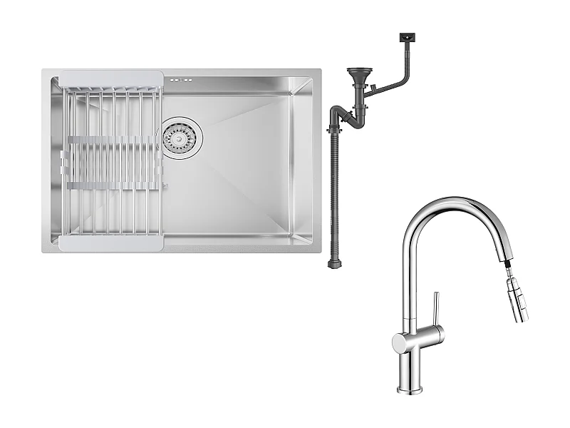 Fregadero Cocina 1 Contenedor 60*44*20CM,inox 304, empotrado/subplano con cesta drenaje,Nano Silver+grifo cocina retráctil de dos funciones, cromado
