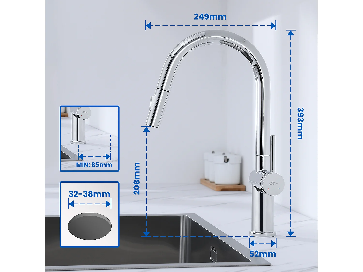 Fregadero Cocina 1 Contenedor 60*44*20CM,inox 304, empotrado/subplano con cesta drenaje,Nano Silver+grifo cocina retráctil de dos funciones, cromado