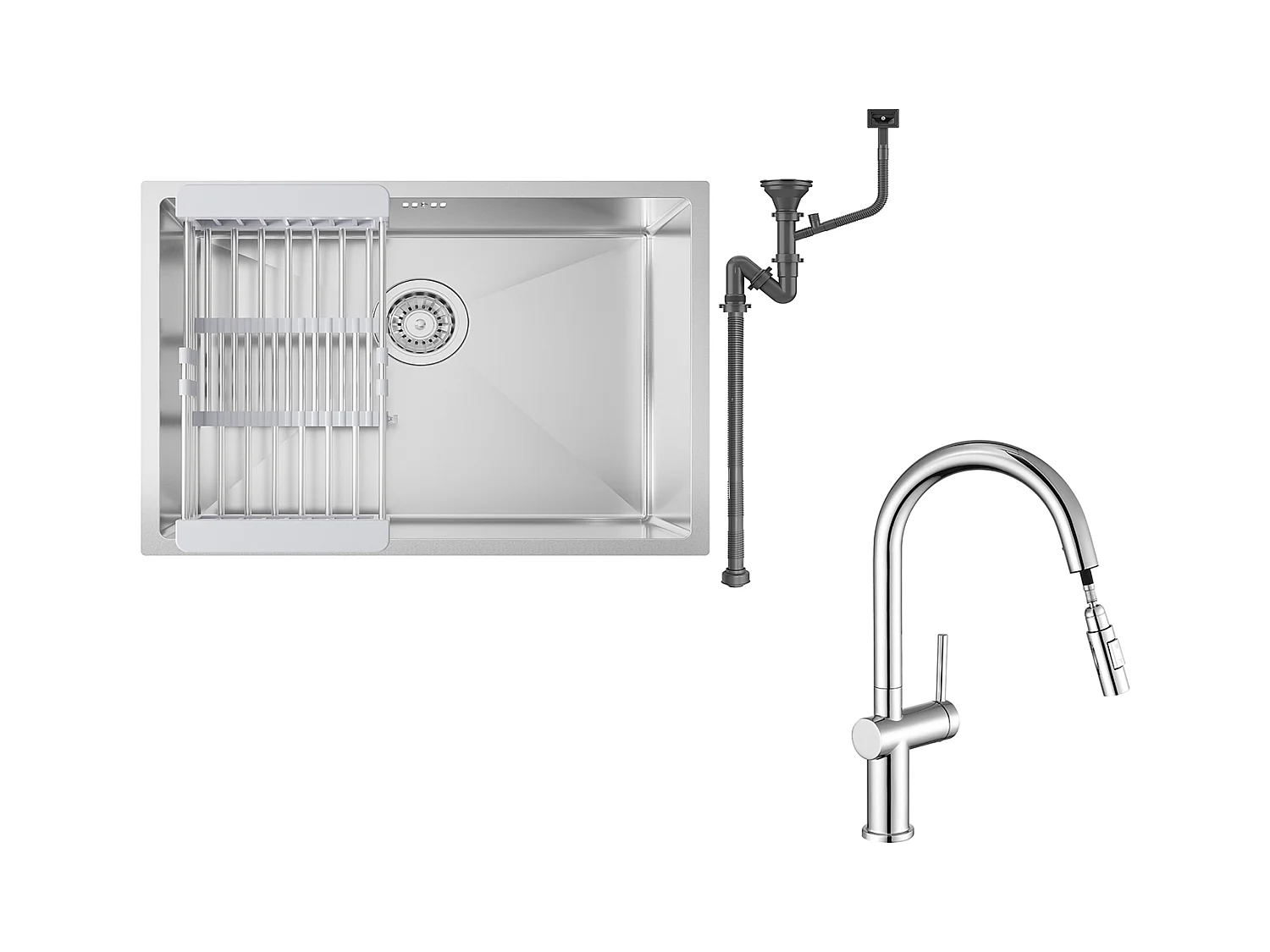 Évier Cuisine 1 Bac 60*44*20CM,inox 304,à Encastrer/sous-plan avec Panier Drainage,Nano Silver+robinet de cuisine rétractable à deux fonctions,chromé