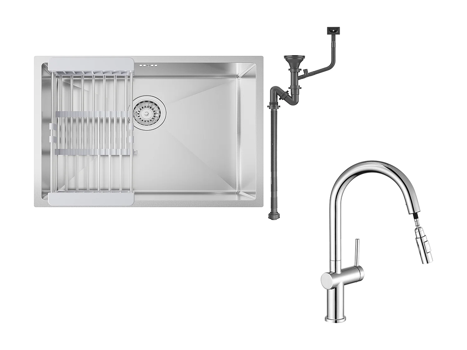 Évier Cuisine 1 Bac 60*44*20CM,inox 304,à Encastrer/sous-plan avec Panier Drainage,Nano Silver+robinet de cuisine rétractable à deux fonctions,chromé