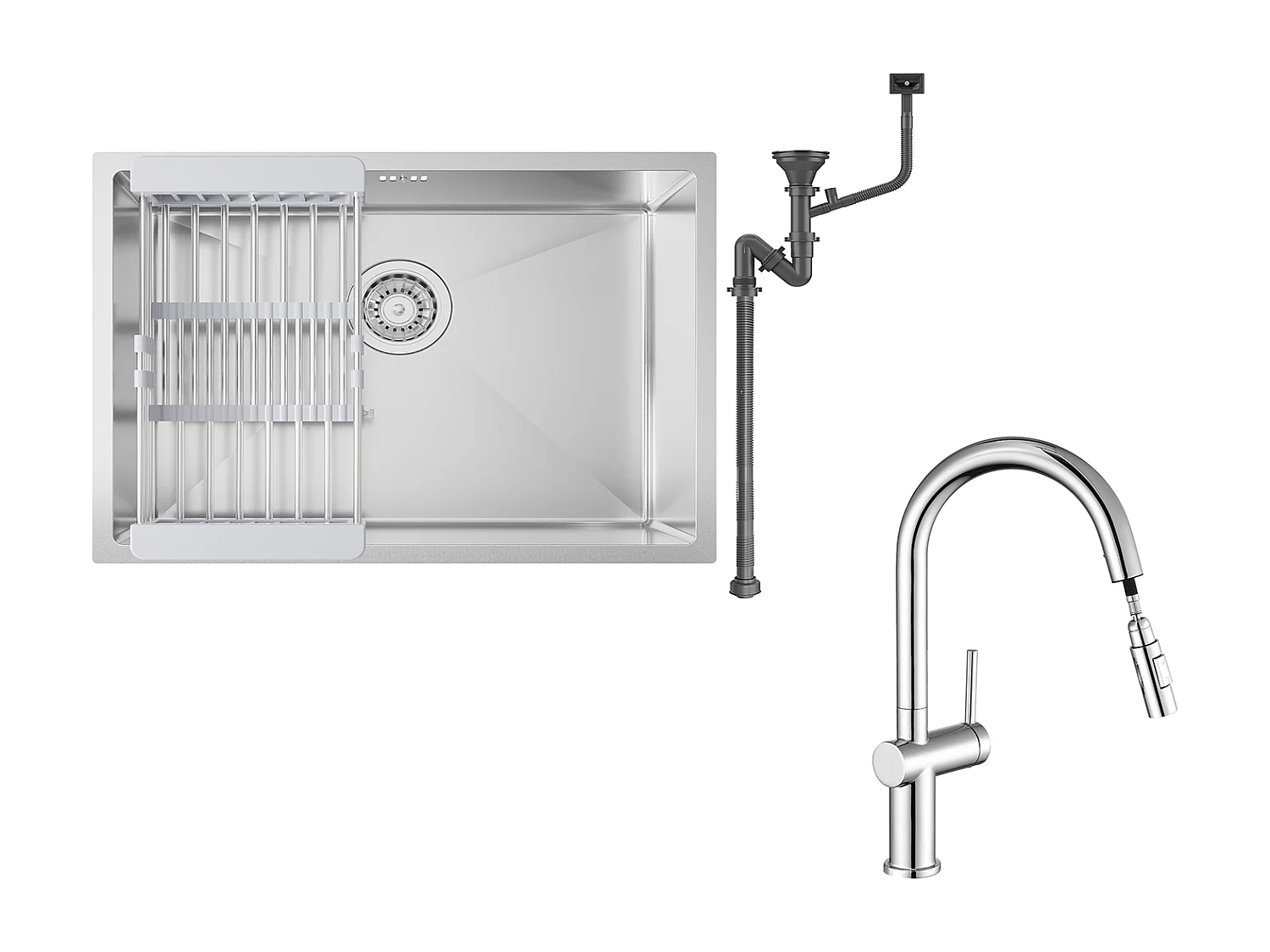 Évier Cuisine 1 Bac 60*44*20CM,inox 304,à Encastrer/sous-plan avec Panier Drainage,Nano Silver+robinet de cuisine rétractable à deux fonctions,chromé