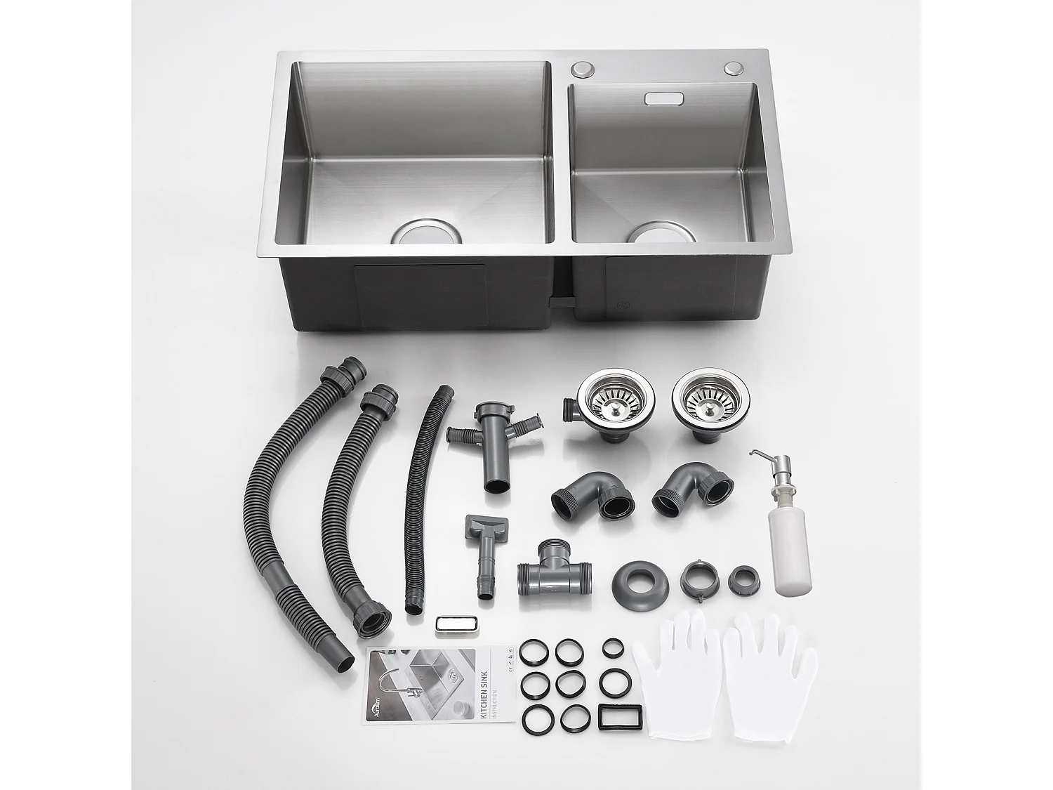 AURALUMMAX Fregadero Cocina 75x45x19cm,Inoxidable Fregadero Doble Contenedor con 2 Agujeros Montaje/con Dispensador Jabón Lavabo Cocina Kit,Cepillado